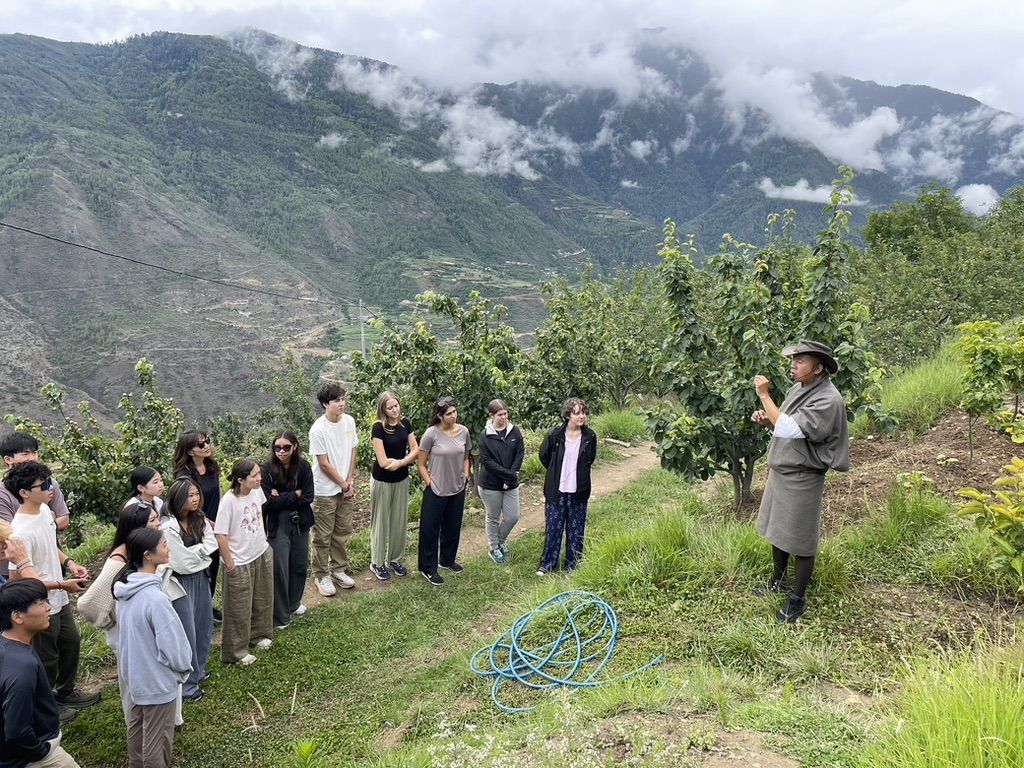 A farm talk for a group of guests in the orchard