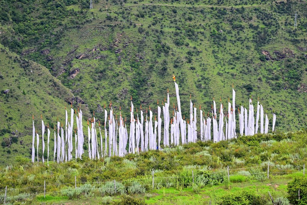 White prayer flags on the hillside near the farm